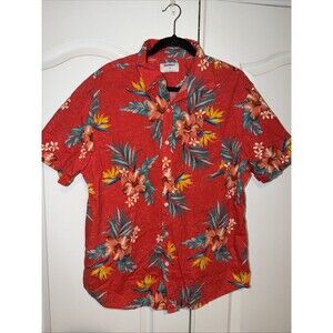 Old Navy Mens Hawaiian Shirt XL Orange Short Sleeve Button Up Tropical Stretch